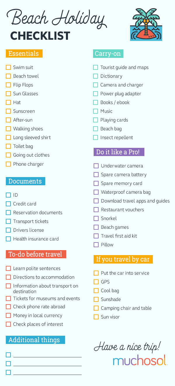 Beach holiday checklist, print it and don't forget anything!